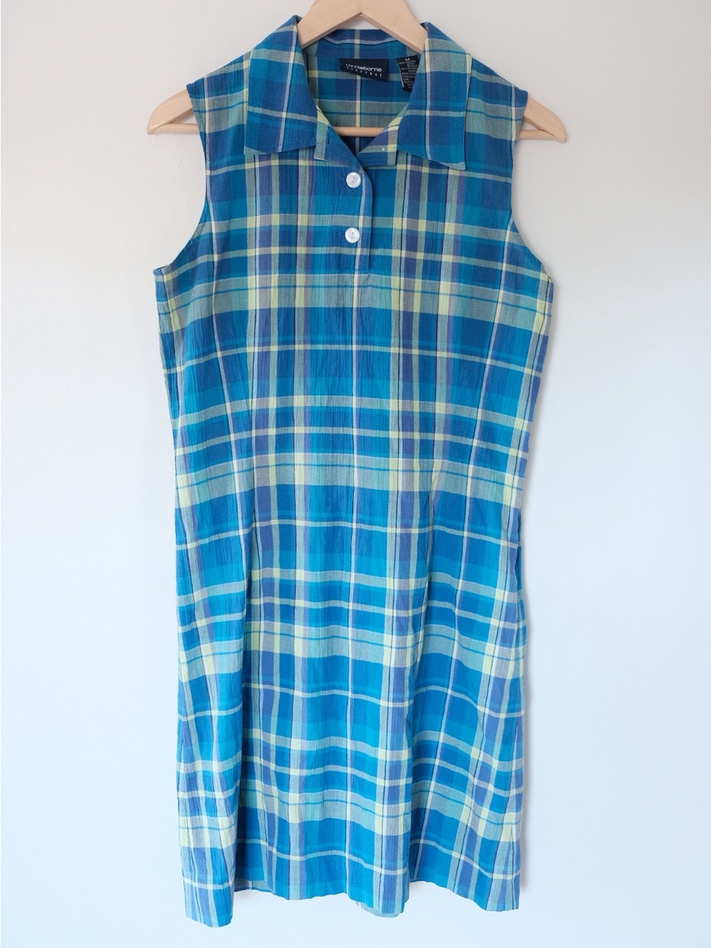 Vintage Liz Claiborne Blue Plaid Collared Sleeveless Sport Dress Size M